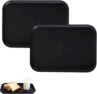 Foonary 2 Stück Kunststoff Serviertablett 30 x 22 x 1,5 cm, Rechteckige Servierplatte in Schwarz, Rutschfestes Kleines Essenstablett für Küche Café Buffet Feier Picknick Dessert und Snack Nutzung