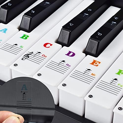 Piano Keyboard Stickers Removable for Beginners 37/49/54/61/76/88 Keys - Colored Electronic Keyboard Note Label, Transparent Big Letters Black and White Piano Key Decals, Great Help for Kids Learning