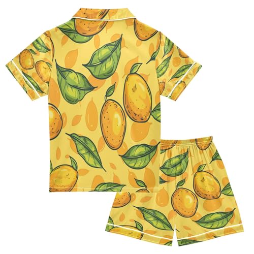 Satin Pajama Sets Short Sleeve Lemon Leaf Pattern Button Down Silky Nightwear 2 Piece PJS 5-14Y2