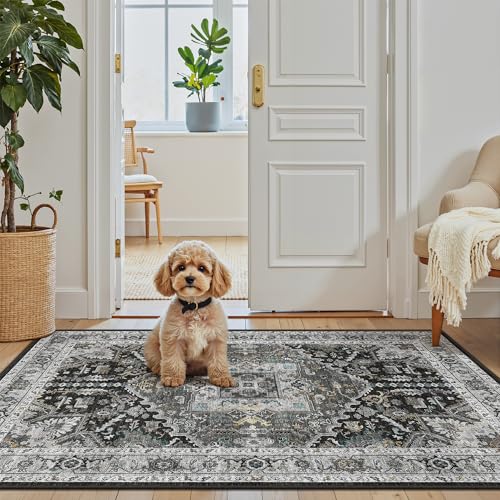 Madane Washable Area Rug 2x3, Small Entryway Rug Non-Slip Vintage Door Mat Indoor Entrance, Low Pile Floor Carpet for Inside Front Door Kitchen Entry (2'x3', Grey Green/Black Olive)