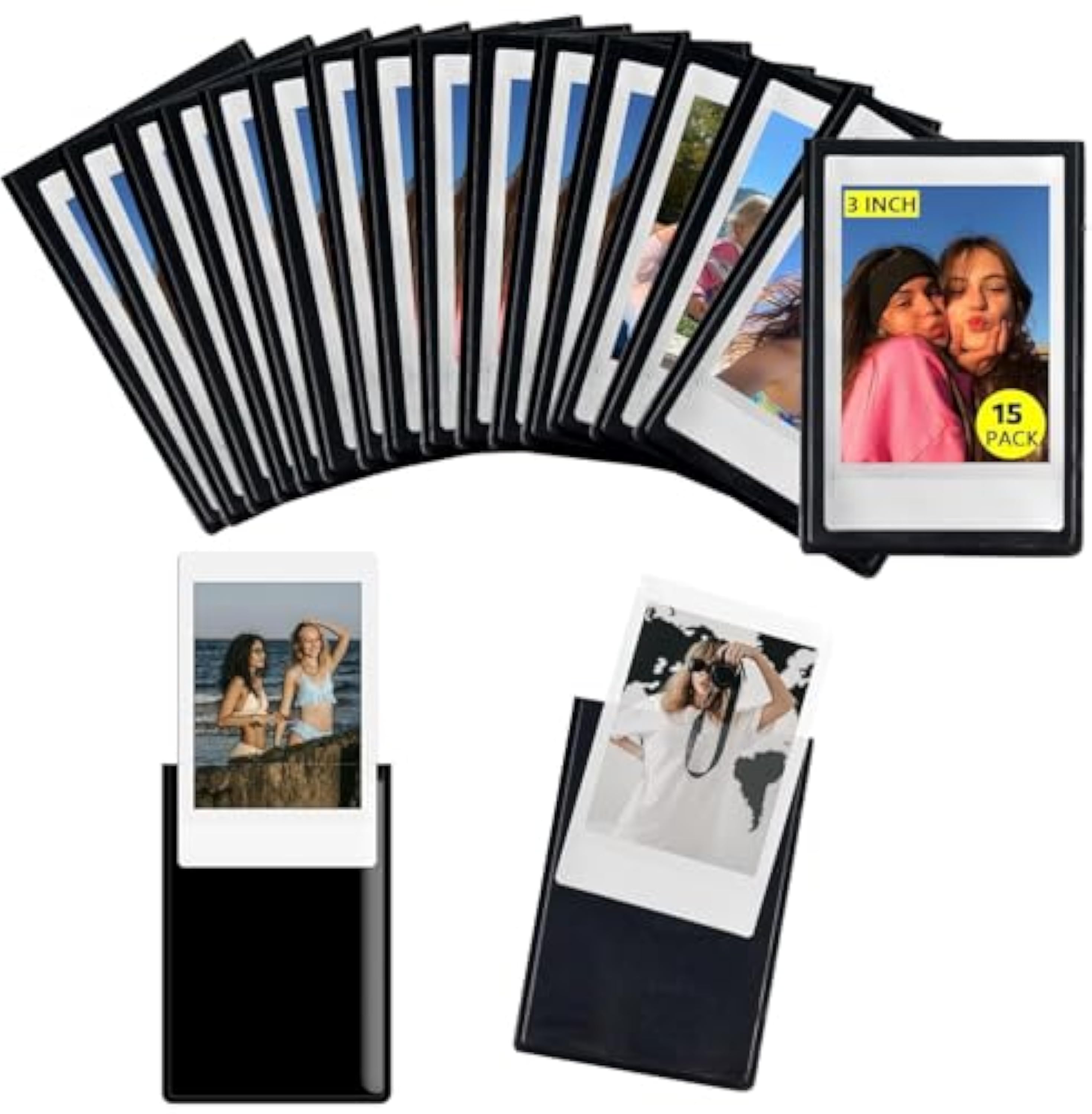 15 Foto Iman Nevera para Polaroid Instax Mini Papel Fotografico, 9,5 x 6,5 cm Marcos de Fotos Magnéticos, marcos magnéticos personalizados para Refrigerador,Pizarra,Puerta (Negro, 9,5 x 6,5 cm)