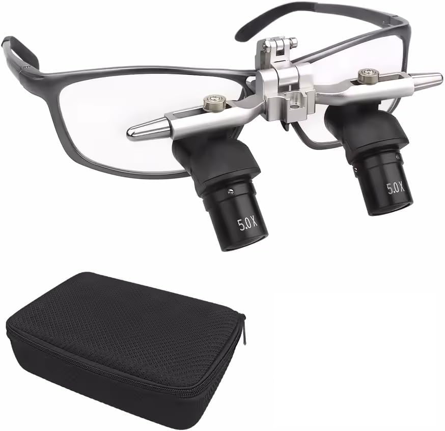 Ergonomic Binocular Loupes 48° 5.0X Ergo Loupes Working Distance 350-450mm Magnifying Glasses, 5W LED Headlamp Four Level Adjustable (5.0X NO LED)