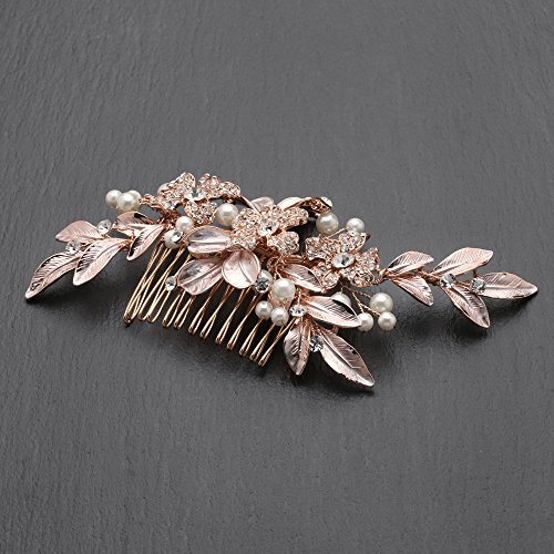 Mariell Rose Gold Designer Bridal Hair Comb Wedding Headpiece - Hand-Painted Leaves, Crystals & Pearls #TOP5