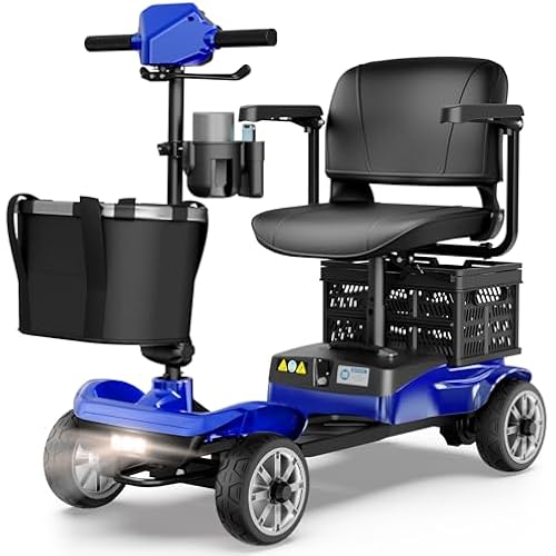 Mobility Scooter for Adults & Seniors with Removable Battery, Cruise & Airport Approved, Foldable Motorized Scooters with Dual Basket, Phone & Cup Holder, Blue