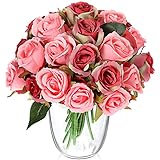 Chuangdi 24 Pieces Artificial Rose Flowers Faux Silk Rose Flower with Leaves and Stems DIY Bouquets for Wedding Bridal Shower Centerpieces Party Home Decor(Peach Pink and Red)