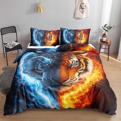 HOSIMA Parure de lit tigre 135 x 200 cm, rouge et bleu, 1 housse de couette, 1 taie d'oreiller, fermeture éclair, convient pour enfants, adolescents et adultes