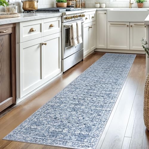 2x8 Blue Washable Runner Rug for Hallways, Soft Classic Kitchen Rugs with Non-Slip, Non-Shedding Distressed Floral Rug for Hallways Entryway Bedroom Bathroom Laundry Indoor