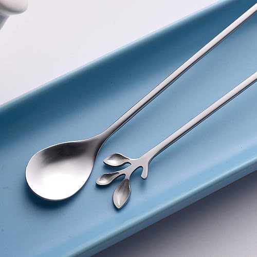 Miniatura 7 de AnSaw 10 cucharaditas de mango largo de 7.4 pulgadas, diseño de hoja plateada para cucharas de café y té, elegantes cucharas de acero inoxidable