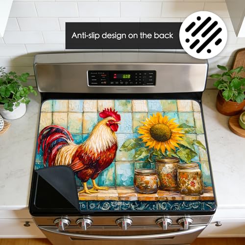 Image of Nuxovilar Rooster Stove Cover Diatom Mud 28.65x20.47 In | Glass Protector Countertop Mat Counter Saver Cooktop Cover Farmhouse Kitchen Patio Camper (Rooster Sunflower)
