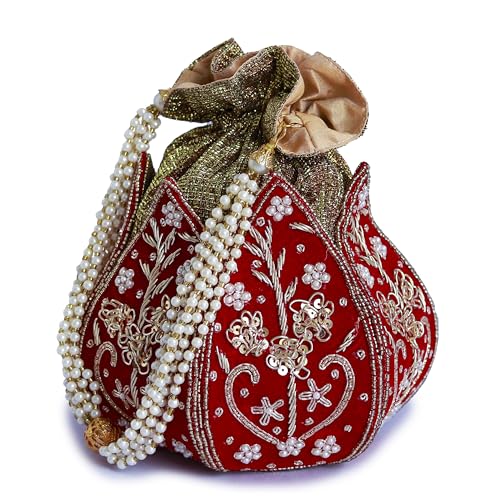 Image of THE TAN CLAN Pushp Zardozi Embroidered Mini Lotus Potli Bag - Handcrafted Silk Pouch with Intricate Zardozi & Lotus Design for Weddings, Bridal Accessories, and Special Occasions