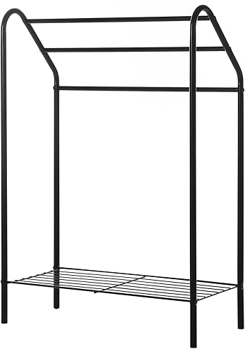 Miniatura 7 de MyGift Toallero de baño independiente de metal negro mate con estante de almacenamiento inferior, soporte de secado de barra de toalla de 3 niveles