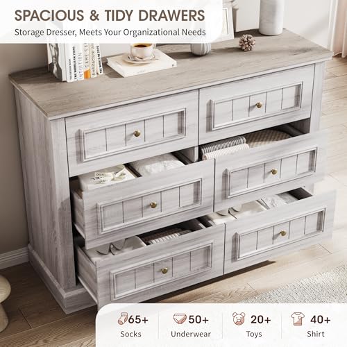 Vabches-Dresser-for-Bedroom-6-Drawer-Wide-Dresser-Organizers-Wood-Storage-Dresser-for-Closet-Farmhouse-Double-Chest-of-Drawer-TV-Stand-with-Gold-Handles-for-Living-Room-Hallway-Light-Rustic-Oak Vabches Dresser for Bedroom 6 Drawer Wide Dresser Organizers Wood Storage Dresser for Closet Farmhouse Double Chest of Drawer TV Stand with Gold Handles for Living Room Hallway Light Rustic Oak