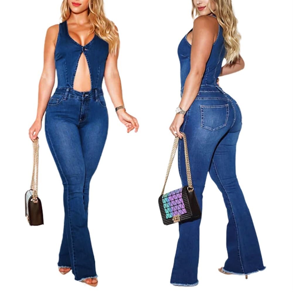 Combinaison en Denim Ajourée pour Femmes Sexy Col Rond sans Manches Fermeture À Boutons Moulante Pantalon Long Évasé Jumpsuits Streetwear