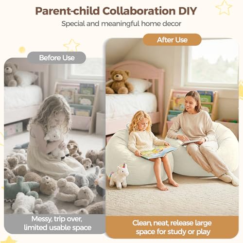 Image of Stuffed Animal Storage Bean Bag Chair Cover for Kids (No Filler), Soft Comfy Velvet Beanbag Chair Cover Machine Washable, Kids Bean Bag Chair with Handle for Living Room Bedroom Dorm, White