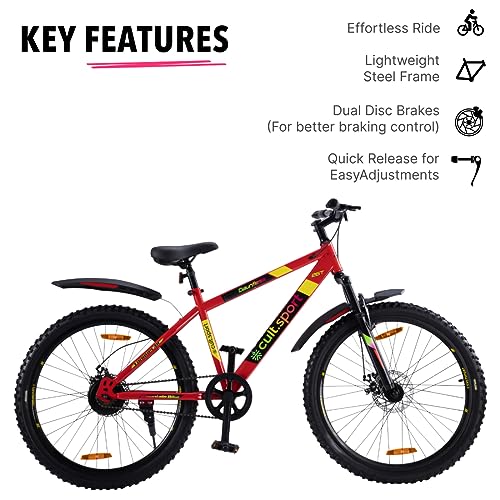 Image of CULTSPORT by Cult Dauntless 26 inch Single Speed Mountain Bike (Cycle /Bicycle) with Front Suspension and Dual Disc Brake, Cycling Event, Ride Tracking App | Ideal for 13+ Years, Red