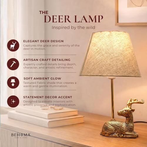 Image of BEHOMA Luxury Deer Figurine Table Lamp with Antique Gold Aluminium Base & Fabric Shade | Elegant Home & Office Decor | Gift for Men, Kids, Housewarming Anniversary & Birthday (Bulb not Included).
