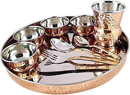 WTS Indian Handmade Hammered Copper Dinnerware Stainless Steel Copper Traditional Dinner thali Set Plate, Bowl, Glass and Spoon, Health Benefits (1)