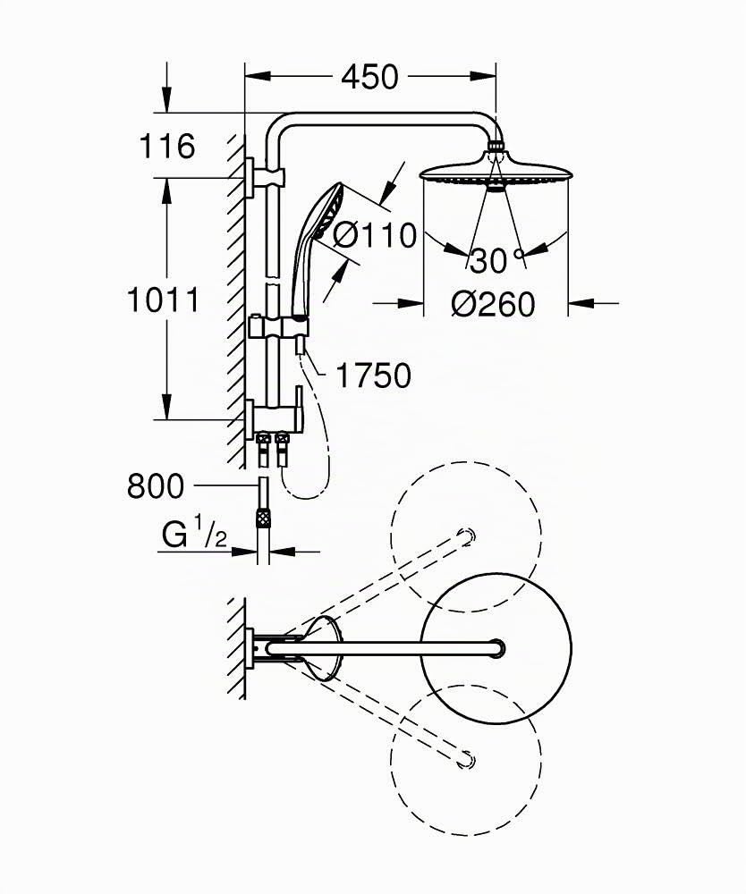GROHE Colonne de Douche avec Inverseur Manuel Euphoria 260 GROHE , 260 mm, Chrome, 27421002 (Import Allemagne)