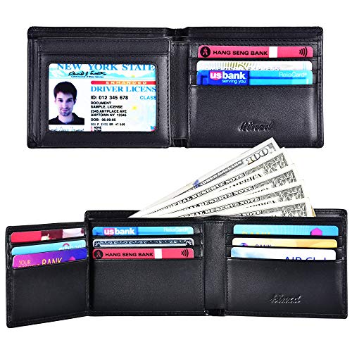 Kinzd Mens Extra Capacity Leather RFID Blocking Wallet Bifold Trifold Hybrid Black (Black)