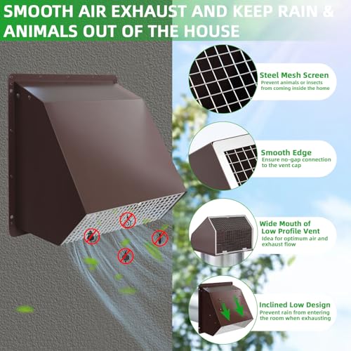 Image of 8 Inch Hooded Wall Vent with Screen and Damper,Outdoor Wall Exhaust Vent Cover Wall Cap for Exterior Kitchen Range Hood Ventilation Dryer HVAC Duct Air Exhaust, Galvanized Steel, Brown