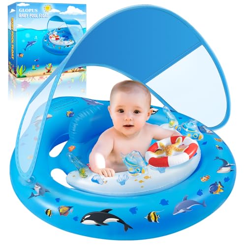 Baby Pool Float with Canopy UPF50+ Sun Protection, Inflatable Kids Pool Floats with Toy Play Console for Baby 6-36 Months, Infant Swimming Float with...
