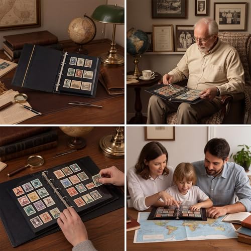 Image of Lewtemi Stamp Collecting Albums Set 4 Ring Stamp Collection Book Include 20 Pages Album Binder Tweezer and Loop Magnifier Collecting Supplies for Collectors(Brownish Red,1 /2 /3 /4 Rows)