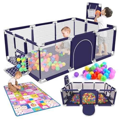 La Mejor Selección de Parques de juegos que puedes comprar esta semana. 42 Corral para Bebé, Corralito para Bebé Plegable Grande con Tapete, Juego de Parque Infantil de Malla y Transpirable Anticaída con Aro de Baloncesto, Porteria de Soccer y 20 Bolas...