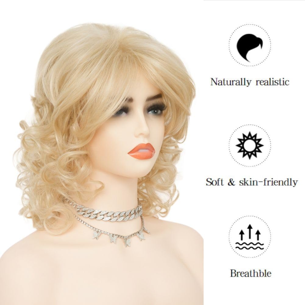 Salaibs Womens Blonde Short Curly Wig with Bangs Shoulder Lenght 70s 80s Retro Hair Wigs Natural Heat Resistant Fiber Wig for Cosplay Costume Disco Party Use - Image 3