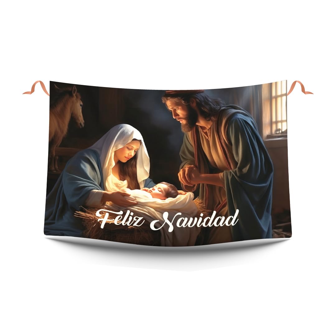 Balconeras Navidad nacimiento niño Jesús. Decoración navideña y colgaduras religiosas portal de Belén. Respotero navideño de tela para decorar balcones 100 x 70 cm.
