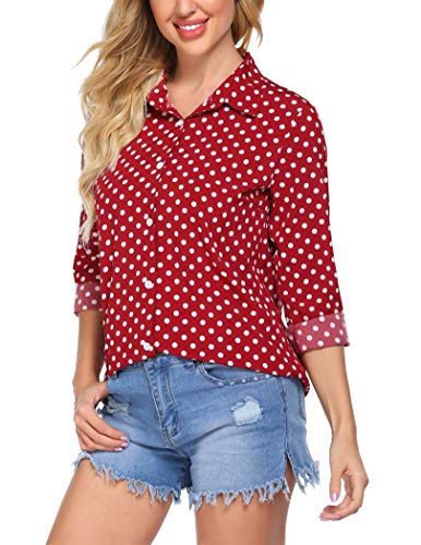 Zeagoo Polka Dots Blouse for Women Slim Fit Dress Shirt Business Casual Long Sleeve Shirts V Neck Chiffon Tops, Red, Large