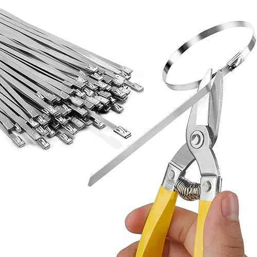Sinlon Heavy Duty Metal Zip Ties (With Tie Cutter) - Uv Resistant Stainless Steel, 11.8 Inch, 50 Pieces, Self-Locking, Suitable For Fixing Fences, Pipes, Etc. Outdoor
