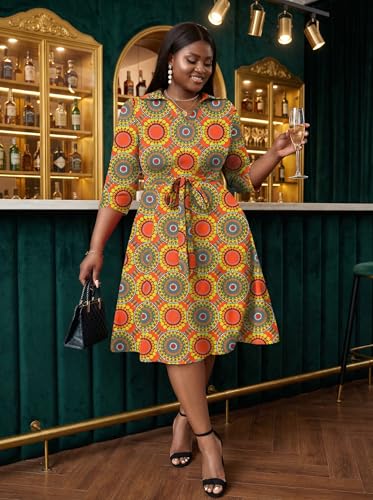Image of FANDEE Plus Size Midi Dress for Women - Printing Summer Dresses for Wedding Guest Cocktail Party 3 /4 Sleeve V Neck(L-5XL)