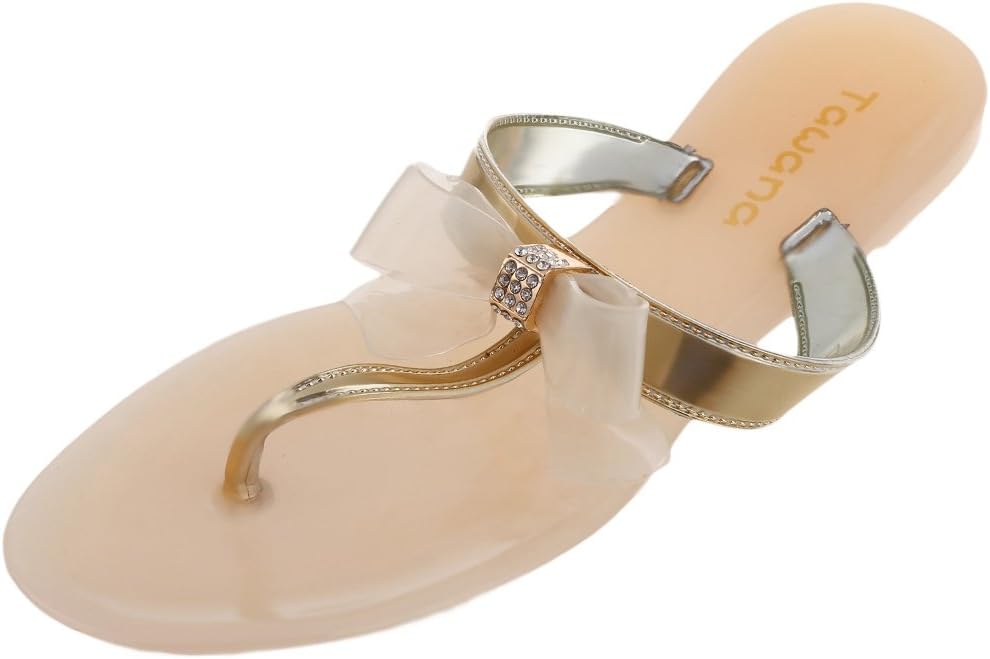 TAWANA Womens Ladies Toe Bow Diamante Jelly Summer Flat Flip Flop Thong Sandals Apricot Size Uk 6/Eu 39/Us 8