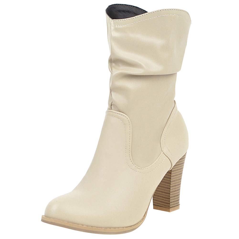Mujer Elegante Tacón de Bloque Sin Cordones Botas de Pantorrilla Fruncidas Mullido Botas Holgadas