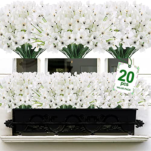Xeolian 20 Bundles Artificial Flowers Hydrangea Silk Flowers Heads Fake Outdoor Indoor Flowers No Fade Faux Plastic Greenery Shrubs Garden Porch Window Box Décor (White) #TOP4