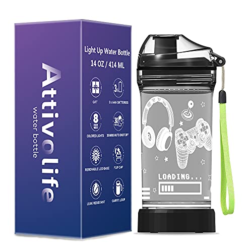 Attivolife Game Water Bottle for Kids, 3D Illusion LED Light with 7 Color Changing Light - 14 0z BPA Free - Creative Ideal Camping Picnic Travel Cup Gamer Gifts, Back to School for Boys Child Holiday