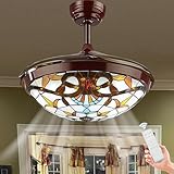 LASANYA 42' Tiffany Ventilador de Techo con Luz de Vidrieras de Luz, Reversible LED Lampara Ventilador Techo, Silencioso Ceiling Fan with Light para Dormitorio Sala de Estar, Bronce Antiguo-C