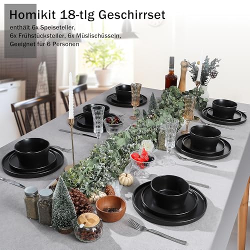 Homikit Geschirrset 6 Personen, 18-tlg Steinzeug Geschirr Set Tafelservice, Essgeschirr mit Speiseteller Dessertteller Müslischüsseln, Mikrowellen- und Spülmaschinenfest, Kratzfest, Mysterium Schwarz