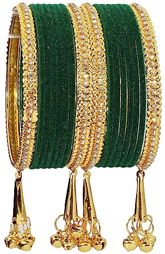 Image of NMII Metal with Zircon Gemstone and Velvet Studded Bells Latkan Bangles Set For Girls and Women I Latkan Bangles, Premium Bangle Bracelet Set I Pack of 16 Bangles
