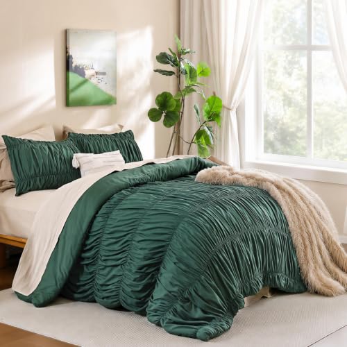 Image of weigelia Ruched Comforter Set King Size, 3 Piece Emerald Green Ruffle Bedding Set with 2 King Pillowcases, Soft Fluffy Lightweight Polyester Comforter for Boho Bedroom Decor, All Season Bed Set