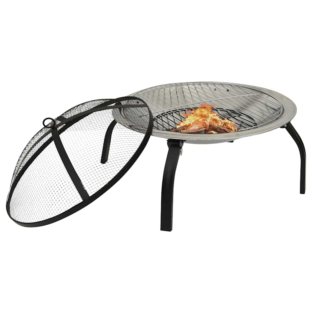 Brasero y parrilla 2 en 1 de acero inoxidable, 56 x 56 x 49 cm, con protección contra chispas, atizador, patas plegables para exteriores, terraza y jardín, calor y llama