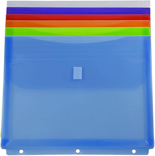 JAM PAPER Sobres de plástico de 3 agujeros con gancho y bucle, folleto de cartas, 9 12 x 11 12 con expansión de 1 pulgada, colores surtidos, paquete