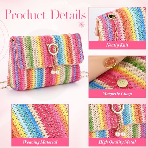 Image of Dansydaisy 5 Pack Striped Straw Clutch Purse Crossbody Vacation Handbag Woven Rattan Dangle Earrings for Women(Colorful,Cat Ear Buckle)