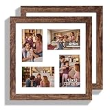 Hongkee 12x12 Picture Frame Set of 2, Rustic Brown Wood Frame with Glass Collage Frame, Display Pictures 4-4x6 With Mat or 12 x 12 Without Mat,Square Photo Frames Collage for Wall Hanging or Tabletop