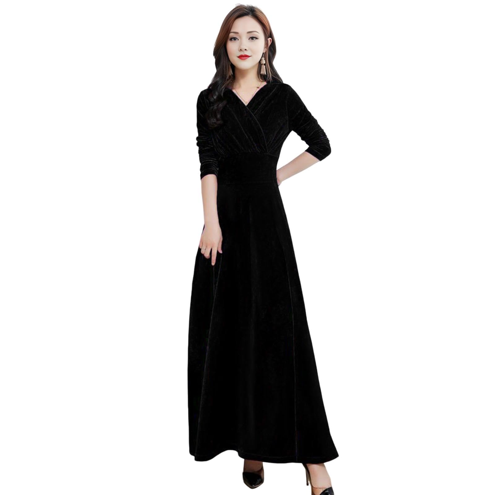 Robe longue en velours pour femme, col en V, longueur cheville, robe de soirée élégante pour mariage, cocktail, fête formelle, usage quotidien