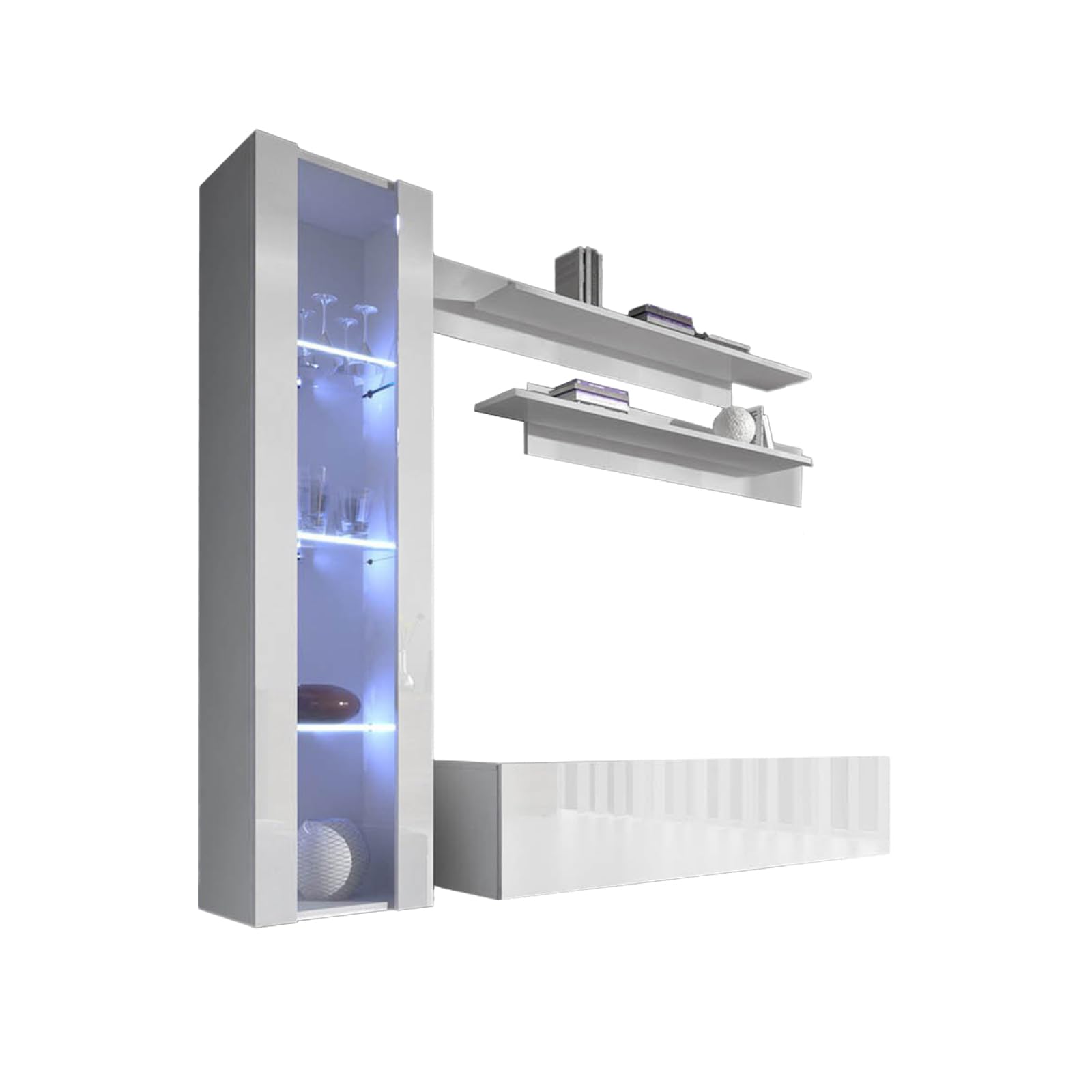 Mueble de Salón Moderno Suspendido Modelo Nora | Conjunto de Comedor con Vitrina LED, Mueble TV Bajo y Estantes | Acabado Frontal Blanco Brillo y Sistema Push-Click | 300cm aprox. de Longitud