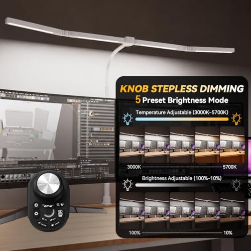 Image of Adjustable LED Desk Lamp with Clamp, 4-Head Eye-Caring CRI95+ Desk Light, Stepless Dimming & Color Temp Remote Control, Flexible Neck, 5-Mode for Reading, Computer, Crafting, 90 inch Wide Desk Coverage