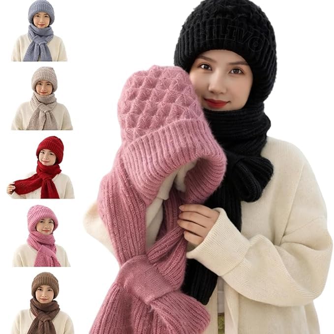 Women's Winter Knit Hat and Scarf Set, Warm Fleece Lined Beanie with Long Scarf, Thick Cable Knit Ski Cap