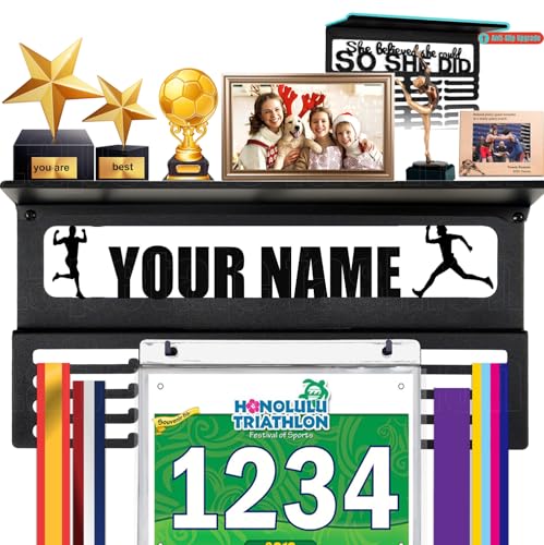 Image of Personalized Medal Holder with Name Display Rack for Awards Ribbons - Metal Custom Sports Race Plaques Hanger for Wall Mount Hold Up 63 Medal Hanger Display for Athlete Boy Girl Kid