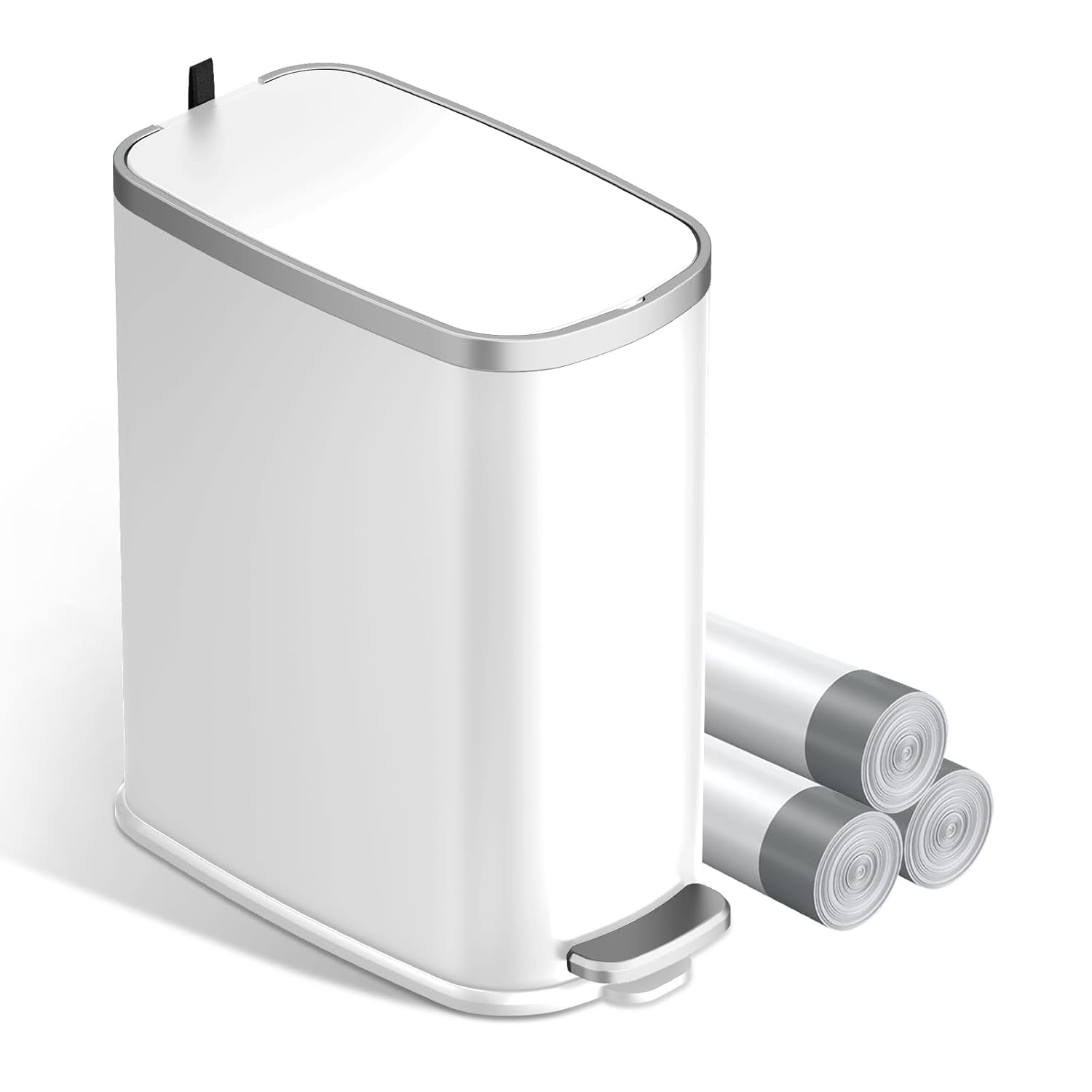 KUK Slim Bathroom Trash Can with Lid Soft Close, Step Pedal, 2.6 Gal/ 10L Stainless Steel Garbage Can with Removable Inner Bucket, Anti-Fingerprint Wastebasket for Office, Bedroom, Toilet (White) Matt White-P2